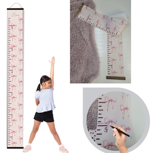 Ribbons Bows Canvas Growth Chart Sign: Personalized Height Ruler with Modern Pink Wall Art Design for Girls Baby Measurement Tool