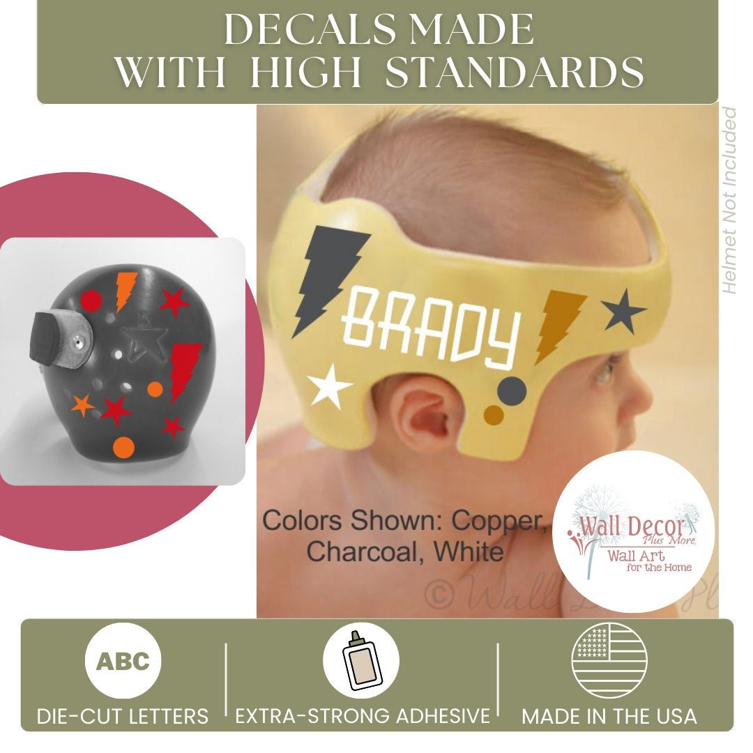 Cranial Helmet Band Decal Sticker Accessories Personalized Boys Name Stars Dots Lightning Bolts Infant Baby Head Therapy Art Durable Vinyl