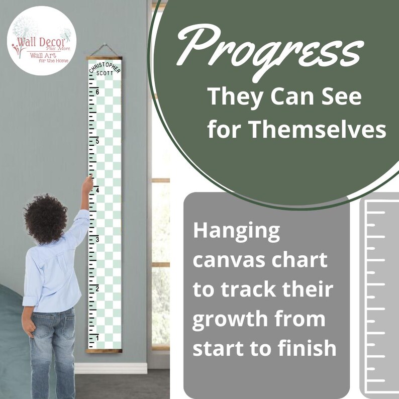 May include: A white and green canvas growth chart with a black and white checkered pattern. The chart is mounted on a wooden frame and has a ruler on the side. The text "Christopher Scott" is printed at the top of the chart. The text "Progress They Can See for Themselves" is printed in a green circle. The text "Hanging canvas chart to track their growth from start to finish" is printed below the circle.