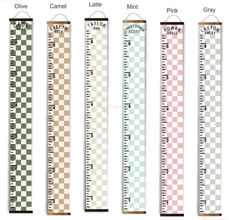 May include: Six different color growth charts with a checkered pattern. Each chart has a name at the top and numbers from 1 to 6 along the side. The charts are labeled Olive, Camel, Latte, Mint, Pink, and Gray.