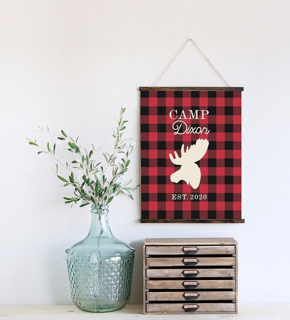 Wood Canvas Wall Hanging Buffalo Plaid Elk Rustic Decor Sign Camp Name and  Est Year Personalized Home Sign Holiday Art Wedding Gift Idea 