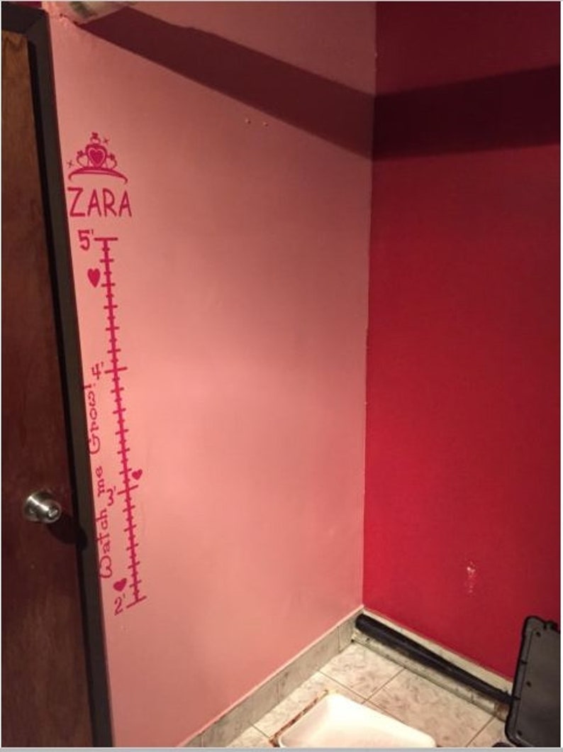 Princess Crown Girls Growth Chart with Personalized Name Wall Sticker Vinyl Decal 2'-5'- Hot Pink