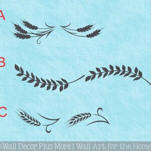 May include: Three different black wheat and leaf designs on a light blue background. The designs are labeled A, B, and C.