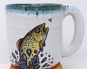 Brown Trout Jumping after Mayfly Handmade Fishing Big Coffee Mug