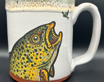 Big Brown Trout Mug Striking Mayfly with Outdoors Drippy Glaze 20 oz.