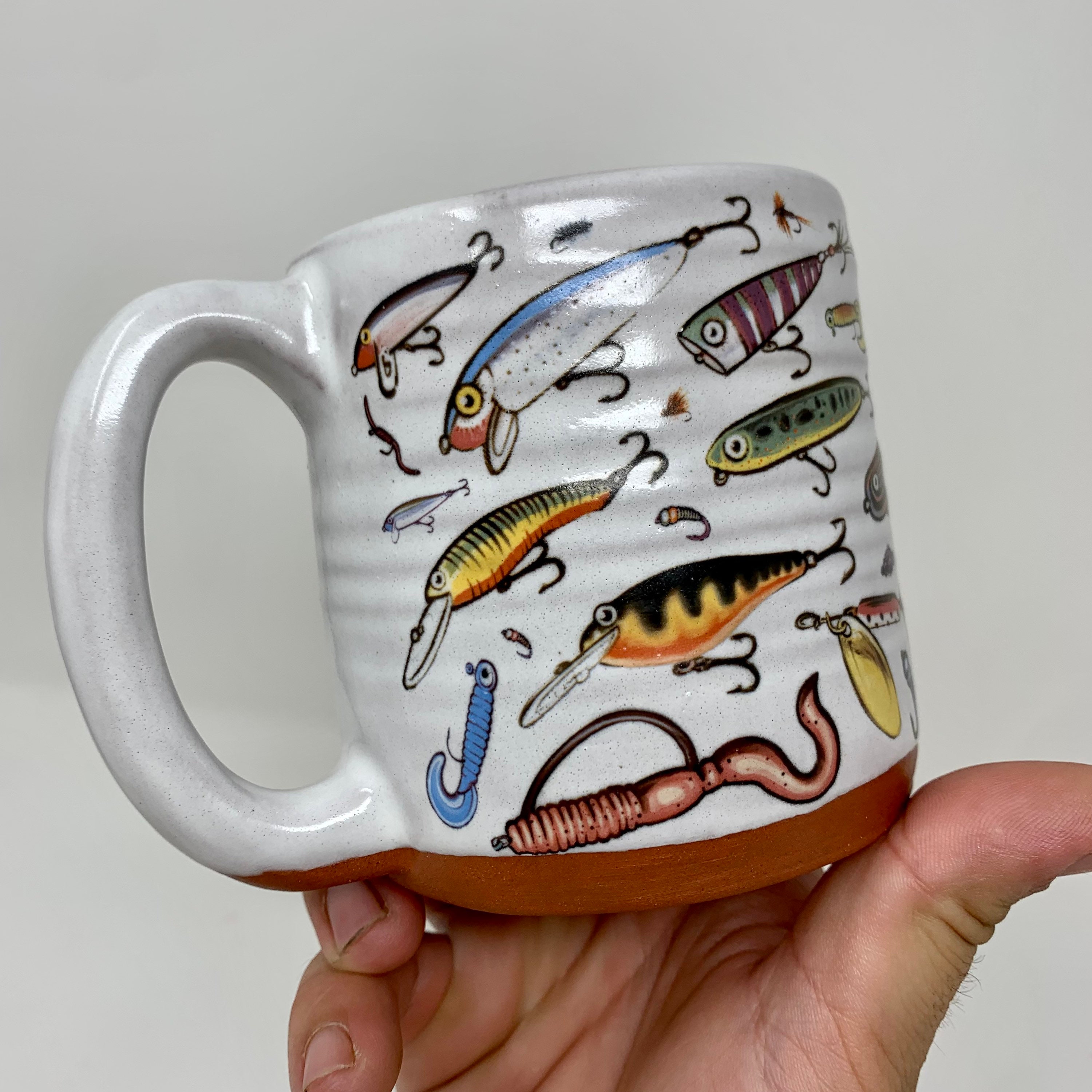 antique cups with fishing lure patch Classic Fishing Lures Mug Handmade With Original Artwork