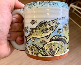 Muskie, Bluegill, Walleye Underwater Art Mug with Sea Green Blue Drip Glaze