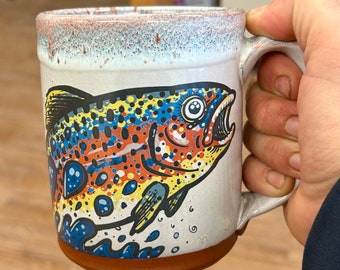 Big Rainbow Trout Mug with Blue and Orange Lip Drip 20 oz