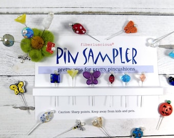 5 New Carded Pin Assortments- Holiday, Tea Pot, Polymer Clay, Ball and a Sampler  -Ready to Ship