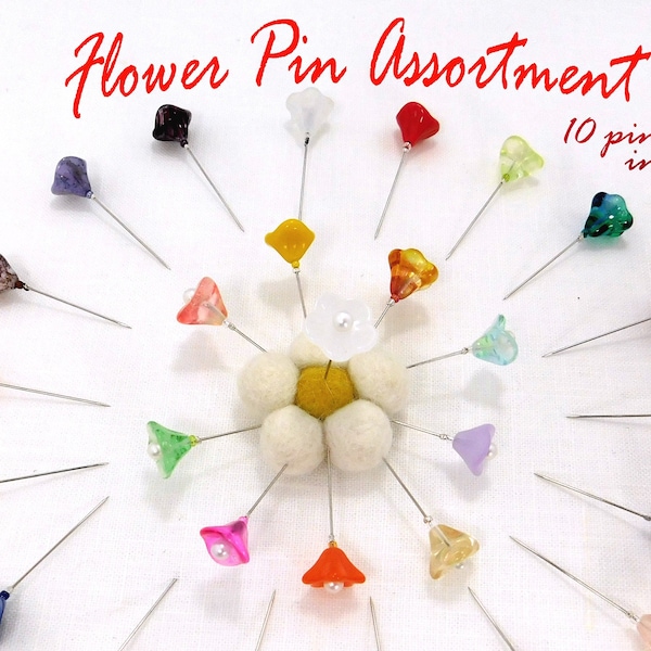 Special Order for Carrolyn- 2 Flower Decorative Assorted Pins, 10 Pretty Pins for Pretty Pincushions. Flower Asst- Ready to Ship