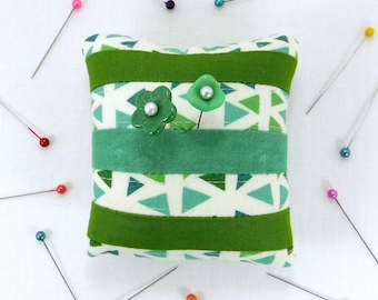 Handmade Mini Pincushion with Emery, Green Veggie Fabric