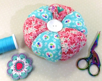 1930s Inspired Tomato Pincushion with Emery Core: Pink & Aqua Sewing Gift
