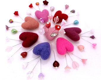 Hearts and Flowers Deluxe Assorted Pincushion Pins, 10 Pretty Pins, Ready to Ship