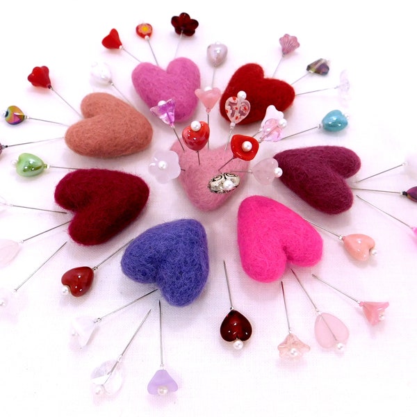 Hearts and Flowers Deluxe Assorted Pincushion Pins, 10 Pretty Pins, Ready to Ship