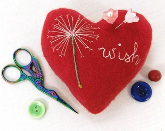 Pincushion Make A Wish Wool Heart Pincushion Hand Embroidered Emery Pincushion Wool Felt Pincushion Gift for Sewer Handmade Pin cushion