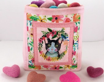 Cat Love Sewing Scrap Basket Fabric Bin Organizer Thread Catcher Sewing Quilted Small Tote Sewing Accessory Handmade Made to Order