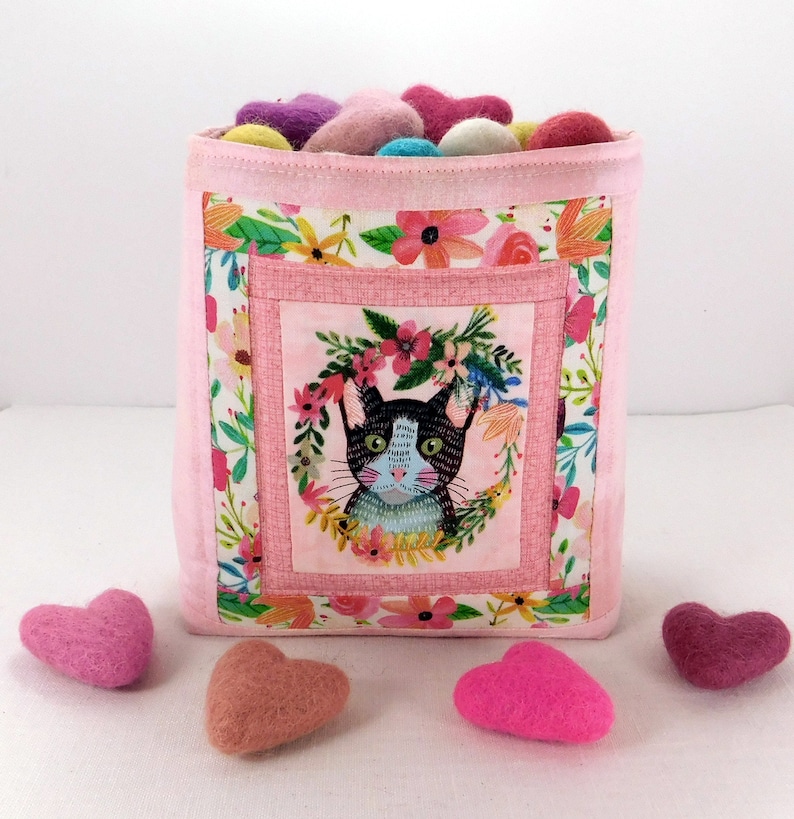 Cat Love Sewing Scrap Basket Fabric Bin Organizer Thread Catcher Sewing Quilted Small Tote Sewing Accessory Handmade Made to Order image 1