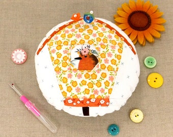 Pincushion Robin Birdhouse Cute Pincushion HandmadePincushion  Emery Pincushin with Decorative Pins Sewing Gift for Woman Gift Box Option