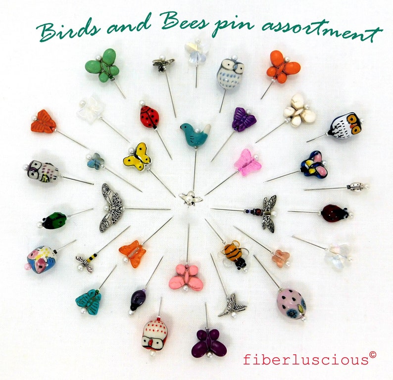 The Birds and the Bees Assortment Decorative Assorted Pins 10 Pins for Pretty Pincushions Honeybee Pins Quilt Retreat Gift In Gift Box image 1