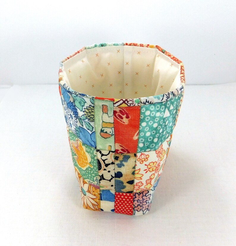 Sewing Scrap Basket Fabric Bin Organizer Thread Catcher Sewing Quilted Organize Small Tote Sewing Accessory Handmade Postage Stamp Print image 7