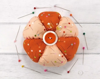 Orange Emery Pincushion with Emery Core and Decorative Pins - Handmade Sewing Gift