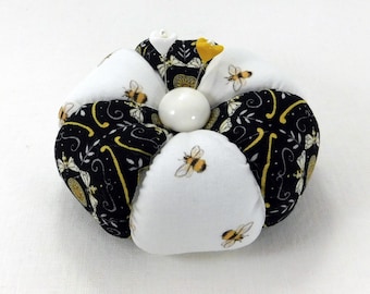 Pincushion, Large Bee Grateful Bee Pincushion in Black and white, Tomato Pincushion Emery Pincushion Handmade Pincushion Sewing Git