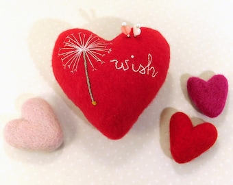 Handmade Wool Heart Pincushion: Embroidered 'Wish' Design with Emery Core and Decorative Pins