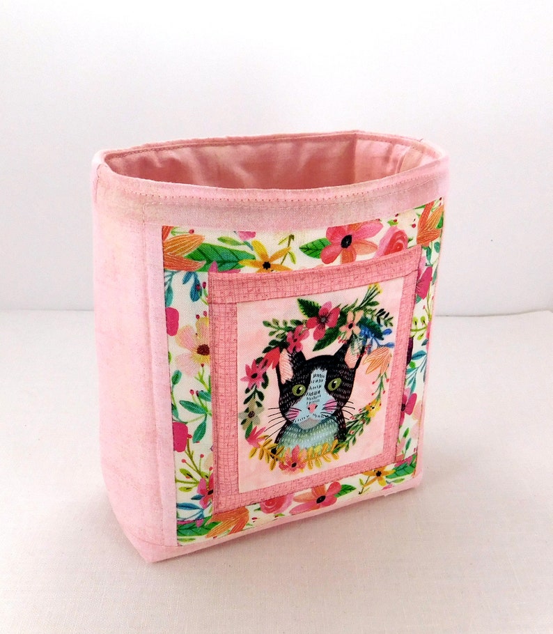 Cat Love Sewing Scrap Basket Fabric Bin Organizer Thread Catcher Sewing Quilted Small Tote Sewing Accessory Handmade Made to Order image 9