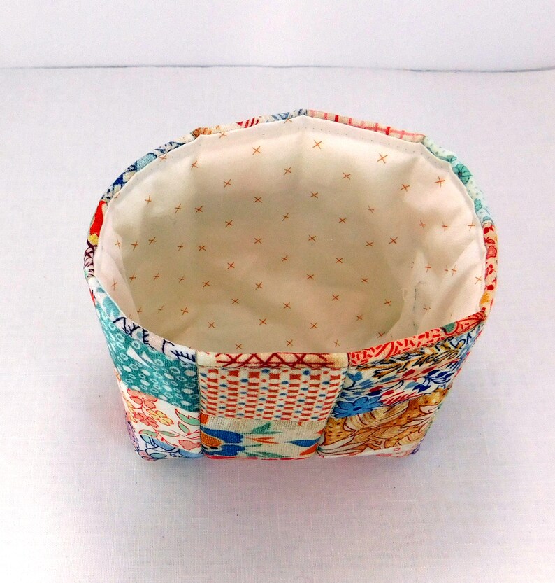 Sewing Scrap Basket Fabric Bin Organizer Thread Catcher Sewing Quilted Organize Small Tote Sewing Accessory Handmade Postage Stamp Print image 8