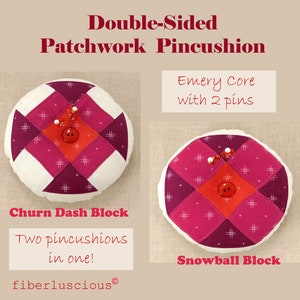 Patchwork Pincushion, Double-sided Pincushion in Pretty Pinks with emery core and decorative pins.