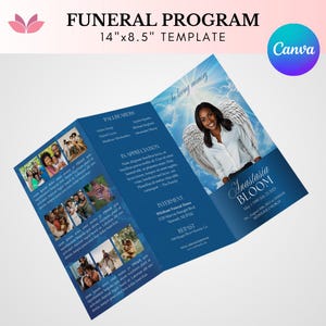 Sky Blue Trifold Funeral Program Template: Editable Canva Obituary (14&quot;x8.5&quot;)