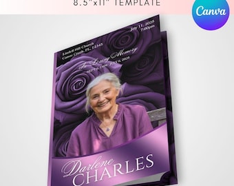 Purple Funeral Program Template: 8.5x11 Obituary, Customizable Canva (Digital Download)