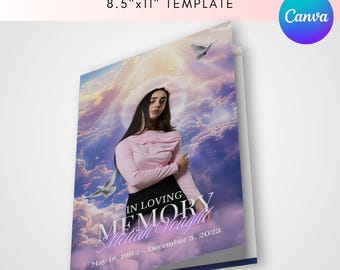 Blue & Purple Funeral Program Template: Editable Canva Obituary (8.5x11 Foldable Digital Download)