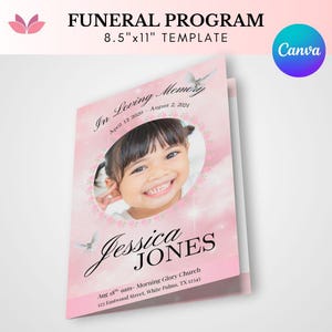Child Obituary Program Template: Pink & White Funeral Memorial (Canva Editable, 8.5x11, Digital Download
