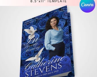 Sky Blue Roses Obituary: Customizable Funeral Program Template (Canva, 8.5x11, 2 Pages) (Digital Download) File and Flourish