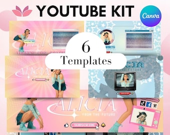 Y2K Pink & Blue YouTube Branding Kit: Canva Templates (Digital Download)