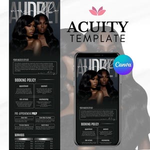 May include: A digital marketing template for a hair stylist, featuring two women with long, dark hair. The template includes the text "AUDREY Versatile" and "ACUITY TEMPLATE", along with booking policy details and services.