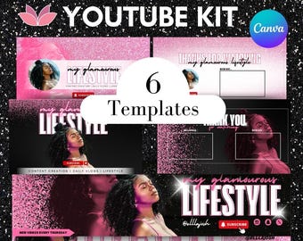 Pink & Black YouTube Branding Kit: 6 Canva Templates (Digital Download)