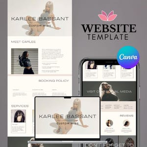 Può includere: Un modello di sito web con il testo "KARLEE BASSANT CUSTOM WIGS" e una donna bionda. Il design include un laptop, uno smartphone e un logo a forma di fiore di loto. Il logo Canva è anche visibile.