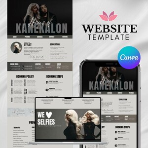 Puede incluir: Un diseño de plantilla de sitio web con el texto "Haus of Kanekalon" y un logotipo de Canva. El diseño incluye una computadora portátil, un teléfono y una tableta que muestran el diseño del sitio web. La plantilla muestra secciones de políticas, servicios e información de contacto.