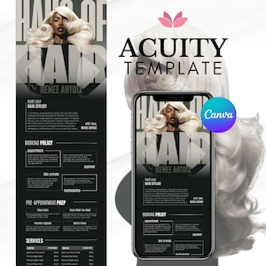 May include: A black and white promotional graphic for a hair stylist, featuring a woman with blonde hair. The text includes "HAIR" and "RENEE ARTOIX", along with booking policy details and the Canva logo.