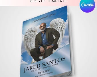 Blue Angel Funeral Program Template: Customizable Obituary (Canva, Digital Download)