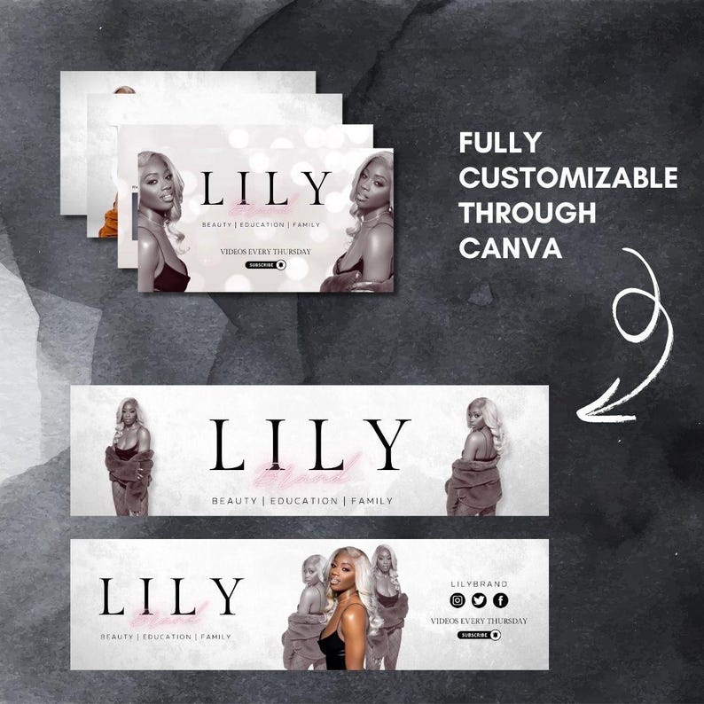 May include: A set of social media banners featuring a woman with long blonde hair. The banners are white with pink text that reads "LILY" and the words "Beauty | Education | Family". The banners also include the text "Videos Every Thursday" and a subscribe button.