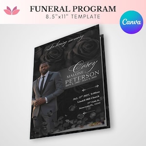 Może przedstawiać: Czarno-biały szablon programu pogrzebowego z tekstem "In loving memory" i szczegółami: Corey Malone Peterson, 6 września 1999 - 6 lipca 2025. Program zawiera zdjęcie osoby w garniturze. Szablon ma wymiary 21,59 cm x 27,94 cm.