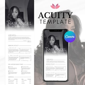 Pode incluir: Imagem promocional a preto e branco para um cabeleireiro, com o texto "Hair Angel" e "Acuity Template". A imagem inclui uma foto de uma mulher com cabelo longo e ondulado e um smartphone exibindo a mesma imagem. O logotipo da Canva é visível.