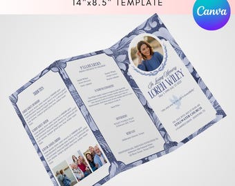 Blue Floral Funeral Program Template: Trifold Obituary, Canva Editable (Digital Download 14"x8.5")