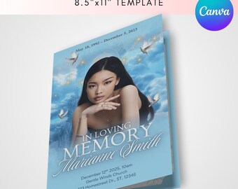 May include: A light blue funeral program template, 8.5" x 11", featuring a portrait of a woman against a cloudy sky background with doves. Text includes "FUNERAL PROGRAM", "IN LOVING MEMORY", and event details. Canva logo is visible.