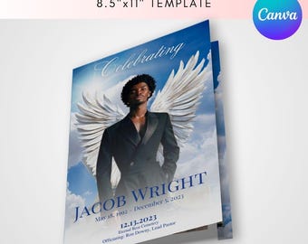 Blue Clouds Funeral Program Template: 8.5x11 Obituary, Canva (Digital Download)