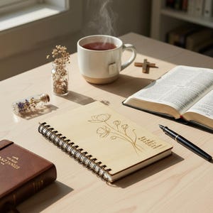 Floral & Scripture Journal, Engraved Verse, Sealed Wood Cover Lined Diary