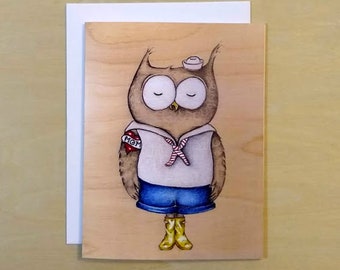 Owl Card, A2 Greeting Card, Just Because Card, Hello Friend Card, Original Art Printed Card, Sailor Owl Card